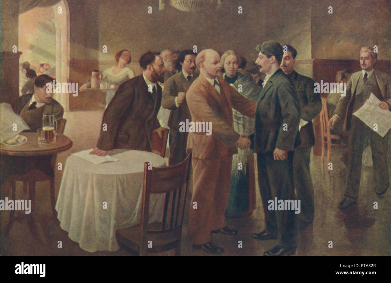 'Erste Sitzung von Lenin und Stalin, Tammerfors (Finnland), Dezember 1905", (1939). Schöpfer: Ich Vepkhvadze. Stockfoto