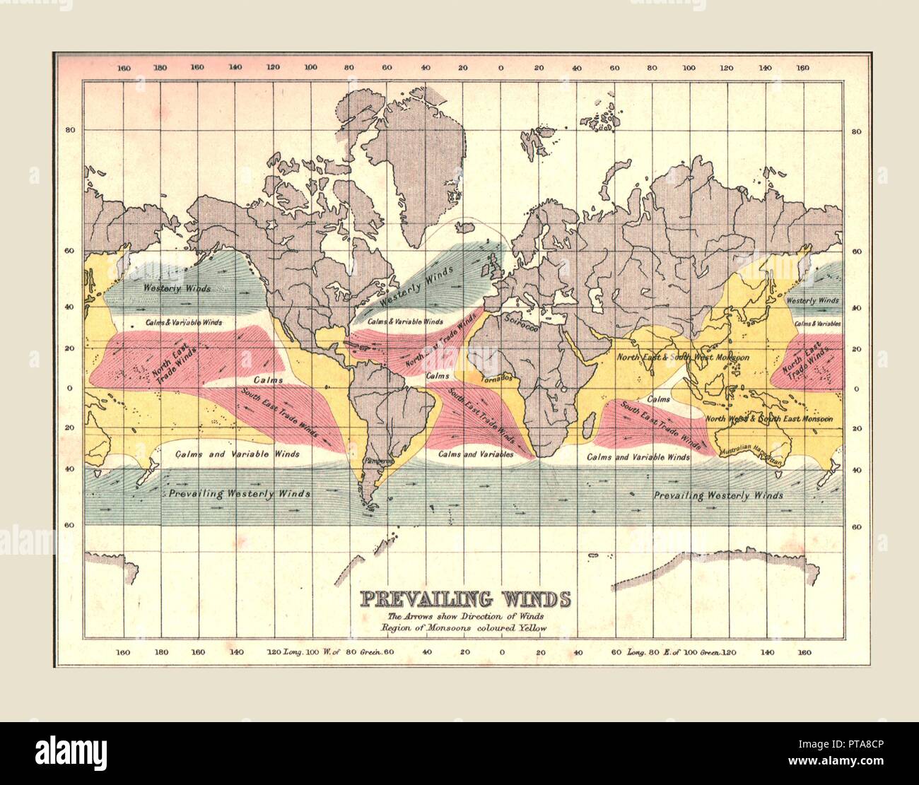 Weltkarte mit vorherrschenden Winden, 1902. Schöpfer: Unbekannt. Stockfoto