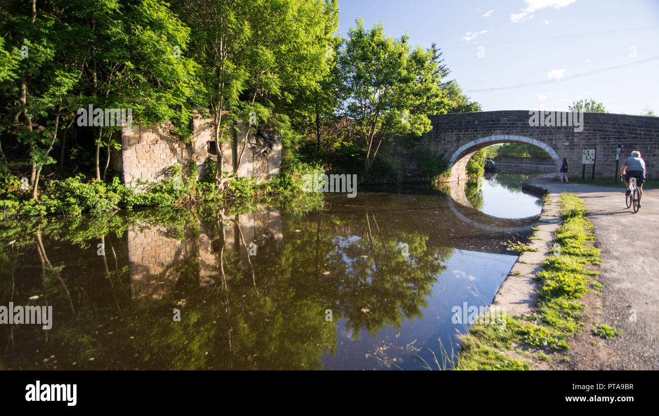 Leeds, England - 30. Juni 2015: Ein Radfahrer fährt auf dem Treidelpfad entlang der Leeds and Liverpool Canal in West Yorkshire. Stockfoto