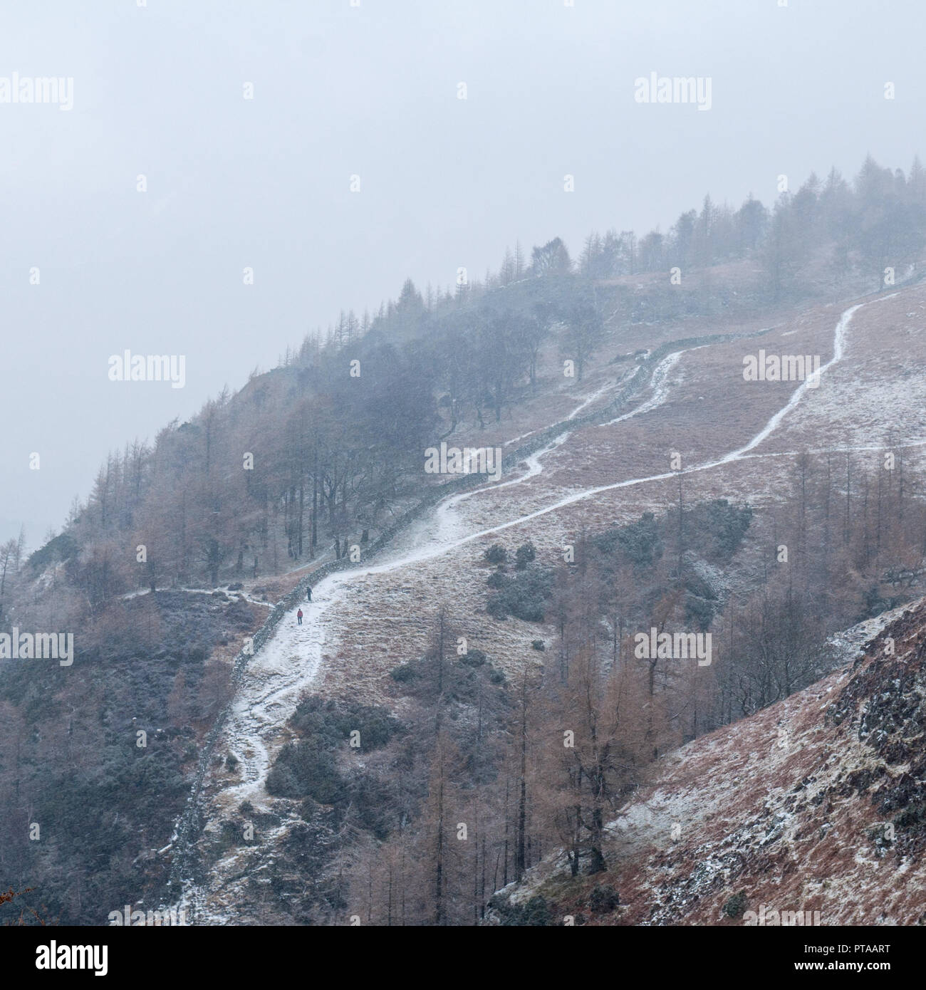 Ein paar Wanderer Erklimmen einer steilen schneebedeckten Pfad an Walla Crag auf Castlerigg fiel in der Nähe von Keswick in England Lake District National Park. Stockfoto