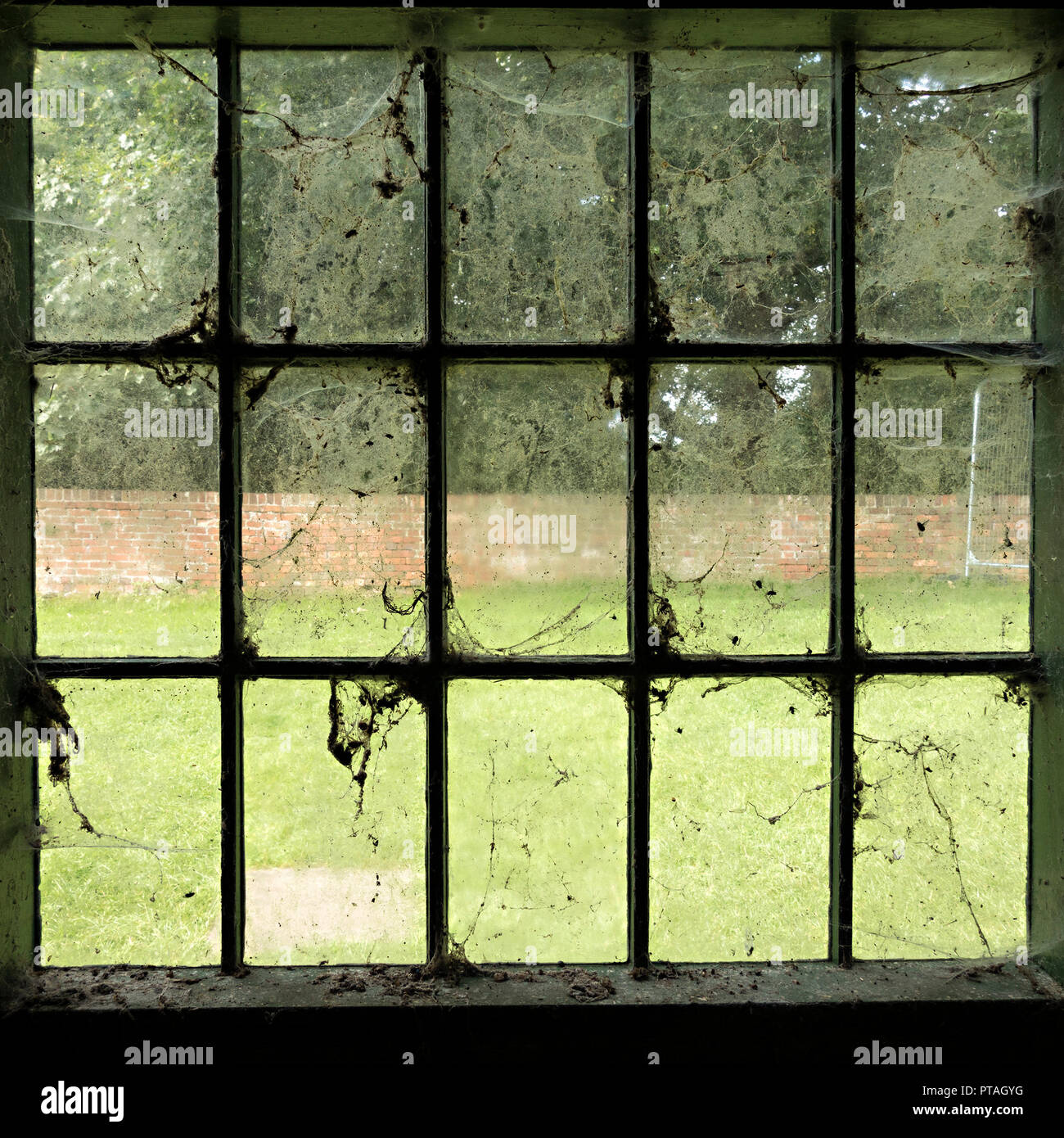 Schmutzige Fenster - alt, schmutzig, Glas Fensterscheiben in Spinnweben bedeckt, Spinnweben, Staub und Schmutz. Stockfoto