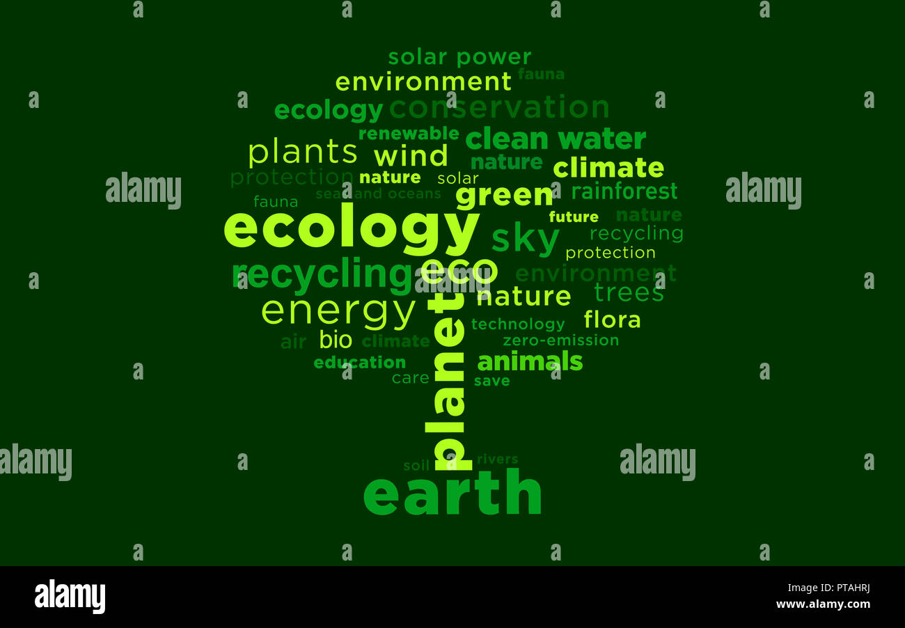 Ökologie Konzept mit vielen Parolen in der Form eines Baumes Symbol. Schutz der Umwelt und der Planeten. Stockfoto