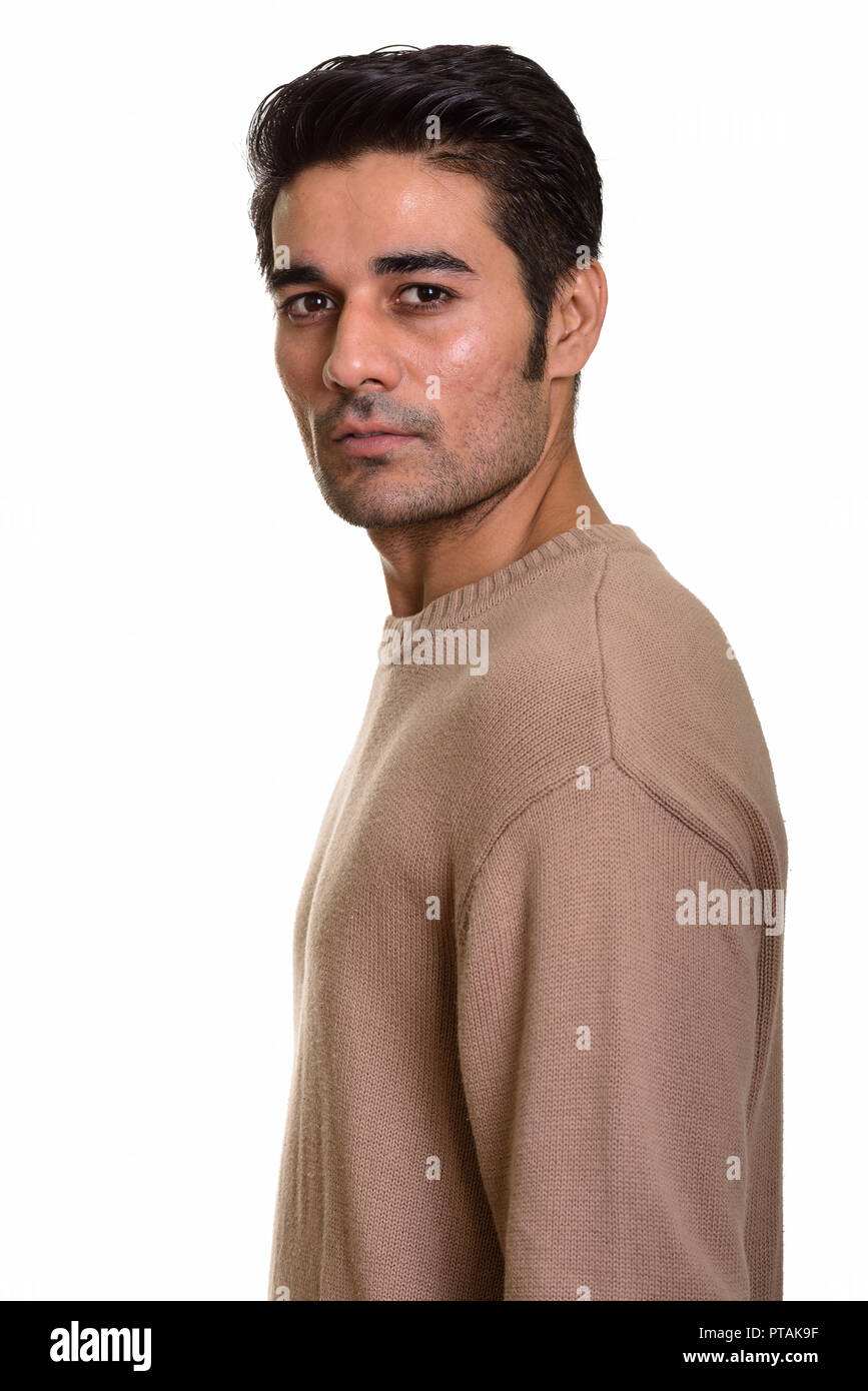 Jungen schönen persischen Menschen gegen den weißen Hintergrund Stockfoto