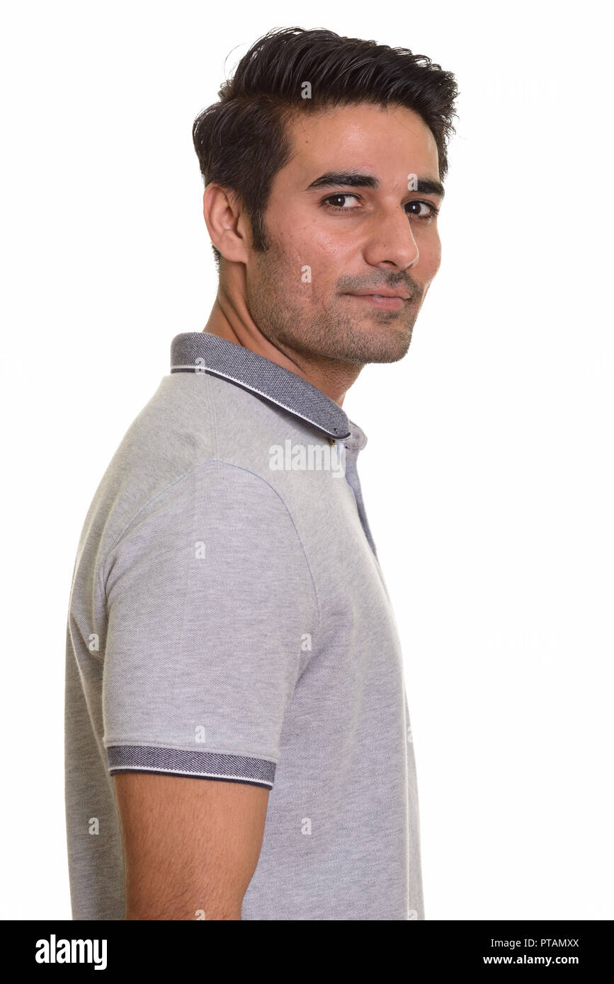 Jungen schönen persischen Menschen gegen den weißen Hintergrund Stockfoto