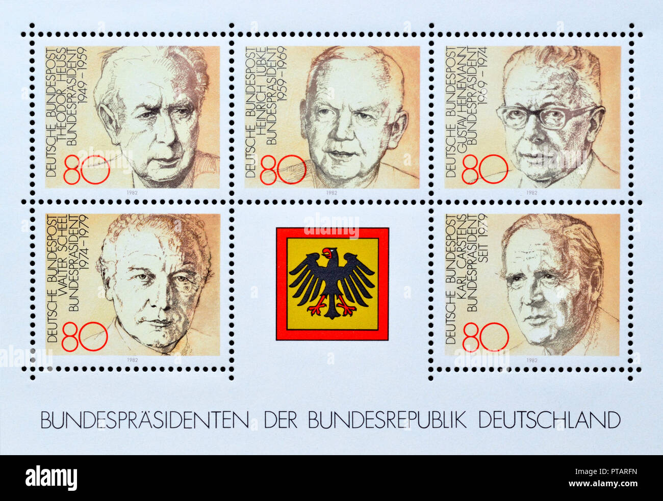 Deutsche Briefmarken mini Blatt (1982): Ehemalige Westdeutsche Präsidenten: Theodor Heuss; Heinrich Lubke; Gustav Heinemann; Walter Scheel und Karl Carstens Stockfoto