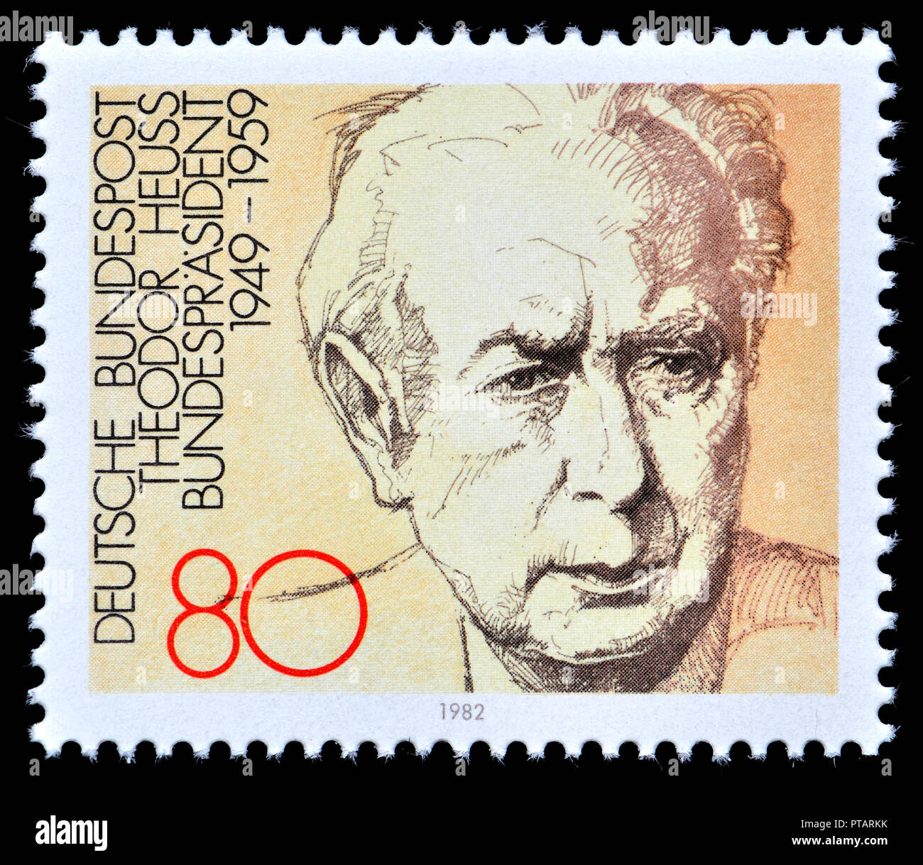 Deutsche Briefmarke (1982): Ehemalige Westdeutsche Präsident: Theodor Heuss (1884-1963) im Amt 1949-59 Stockfoto