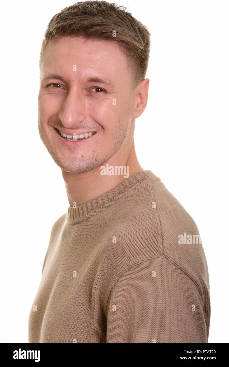 Stattlichen kaukasischen Mann vor weißem Hintergrund Stockfoto