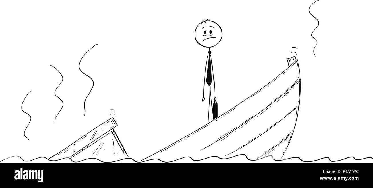 Cartoon von Politiker oder Unternehmer ständigen Deprimiert auf sinkendes Boot Stock Vektor