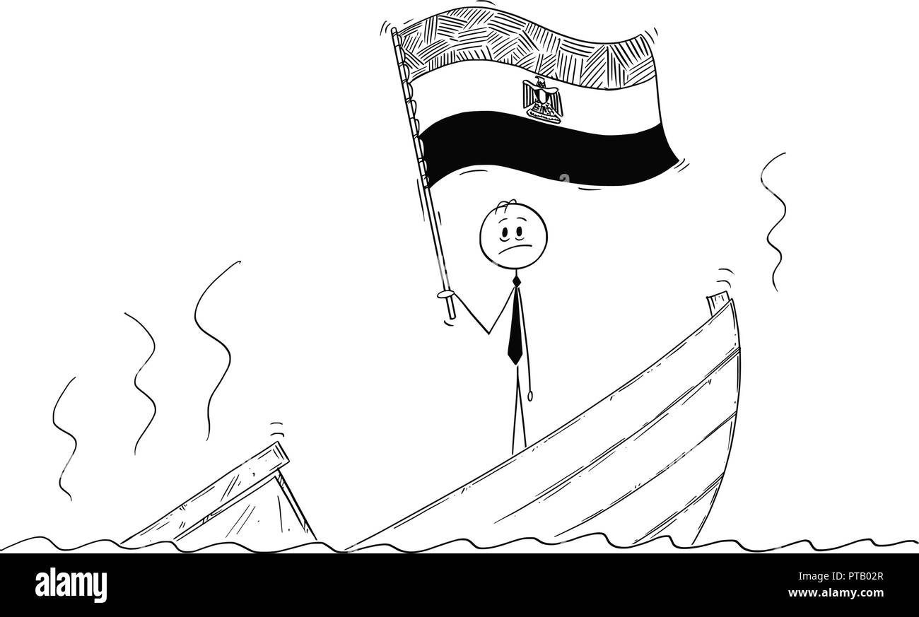 Cartoon von Politiker ständigen Deprimiert auf sinkendes Boot winken die Fahne der Arabischen Republik Ägypten Stock Vektor