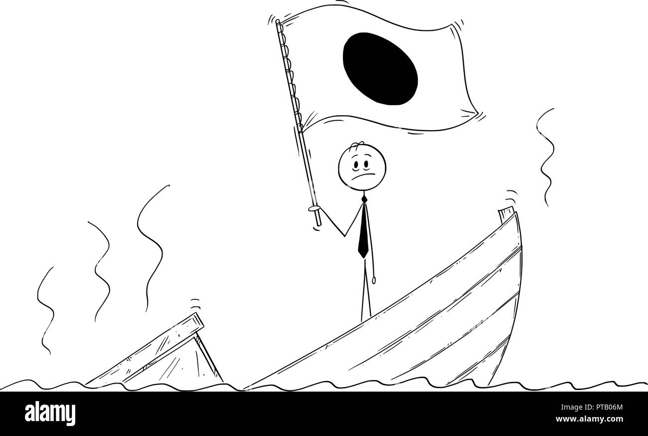 Cartoon von Politiker ständigen Deprimiert auf sinkendes Boot winken die Flagge von Japan Stock Vektor