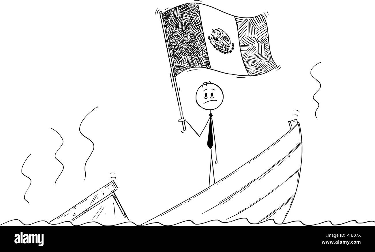 Cartoon von Politiker ständigen Deprimiert auf sinkendes Schiff mit der Flagge der Vereinigten Mexikanischen Staaten oder Mexiko Stock Vektor