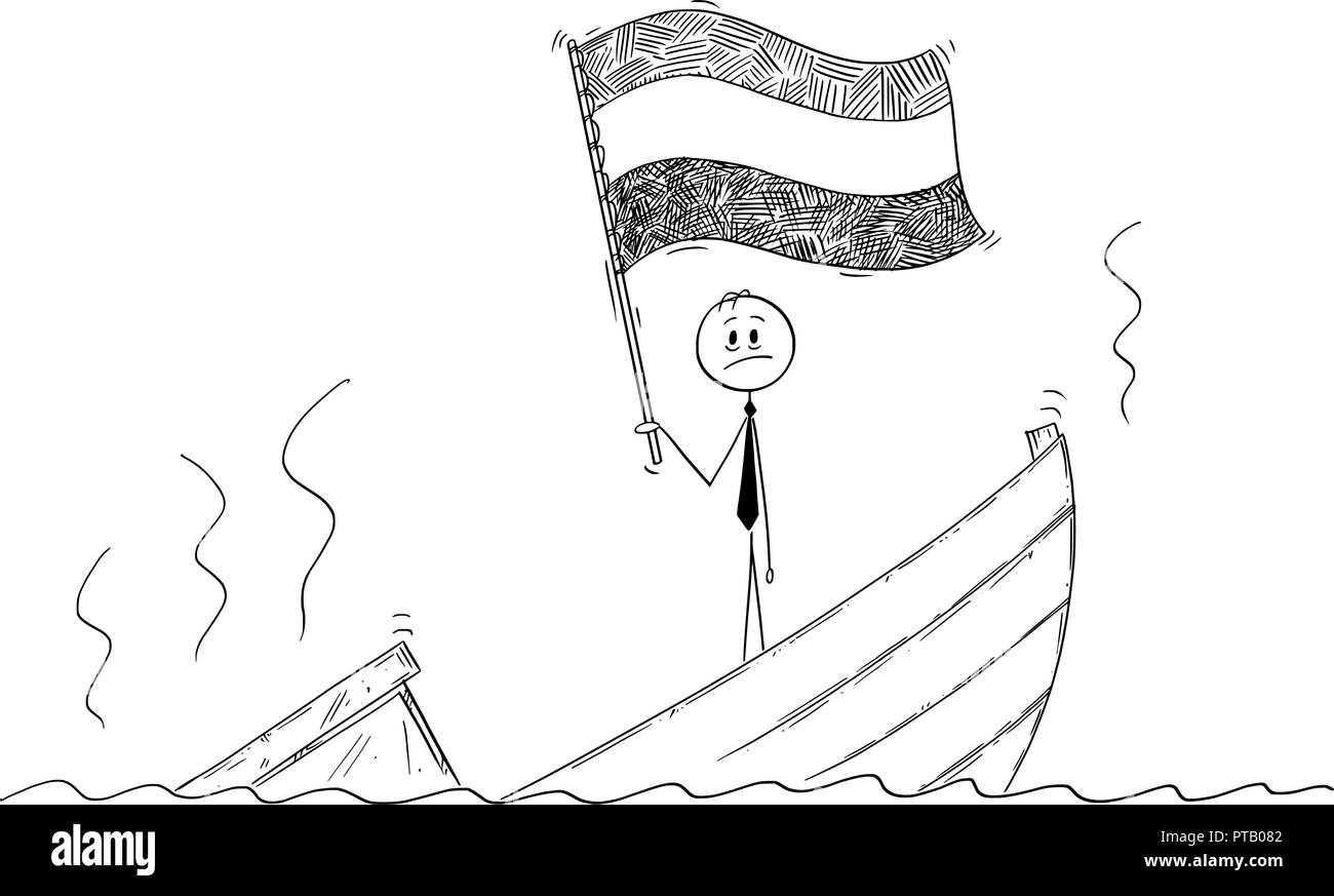 Cartoon von Politiker ständigen Deprimiert auf sinkendes Boot winken die Flagge des Königreichs der Niederlande oder Holland Stock Vektor