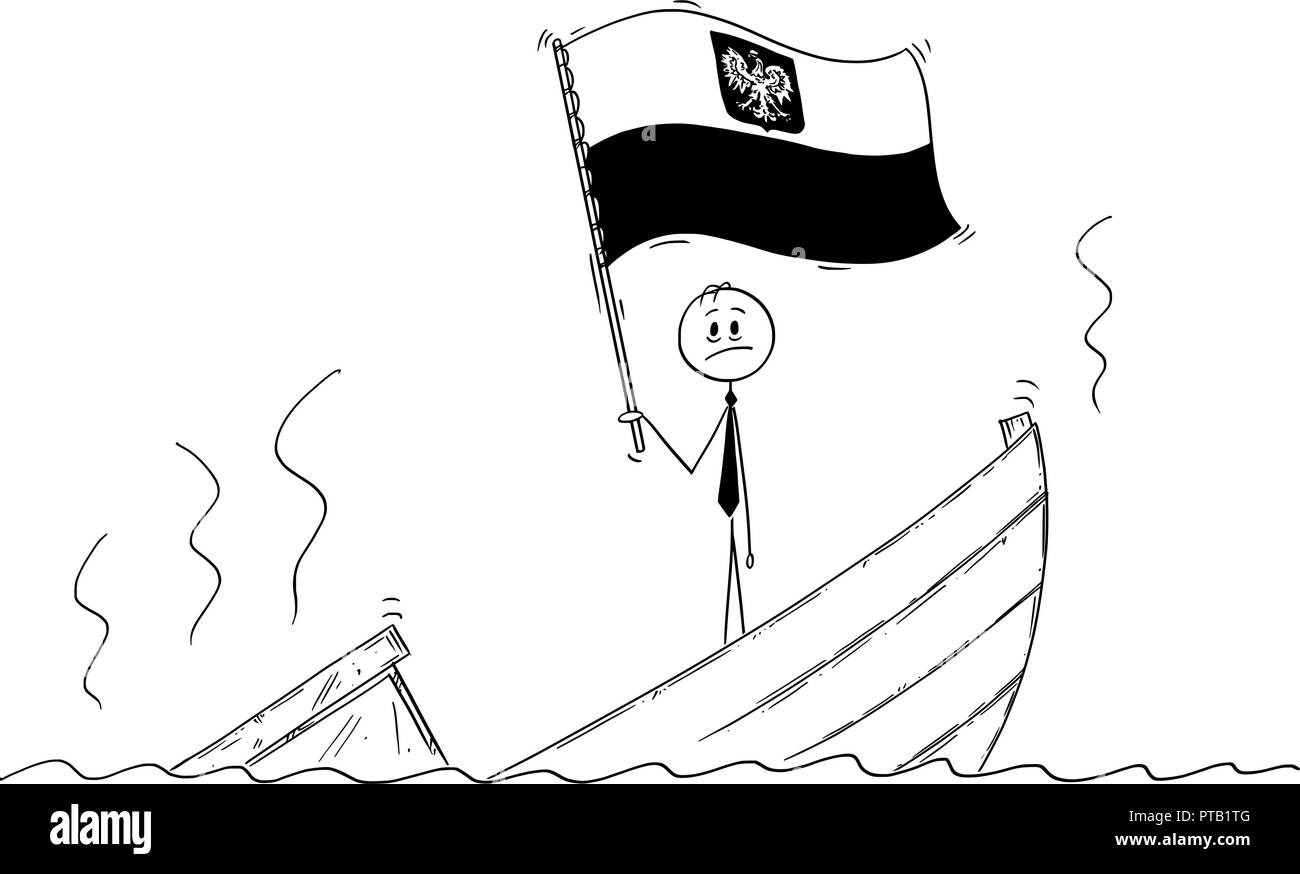 Cartoon von Politiker ständigen Deprimiert auf sinkendes Boot winken die Flagge der Republik Polen Stock Vektor