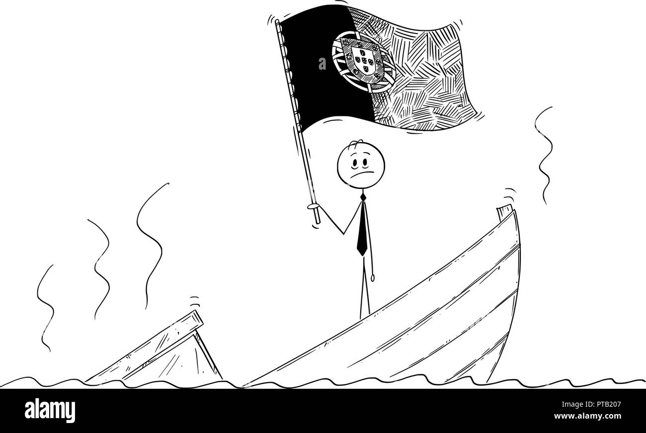 Cartoon von Politiker ständigen Deprimiert auf sinkendes Boot Winken der Flagge der Portugiesischen Republik oder Portugal Stock Vektor