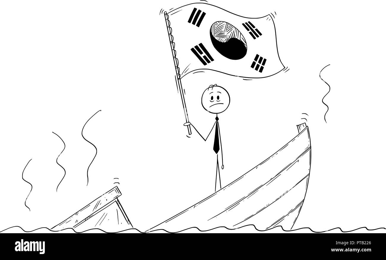 Cartoon von Politiker ständigen Deprimiert auf sinkendes Boot winken die Flagge der Republik Korea oder Südkorea Stock Vektor