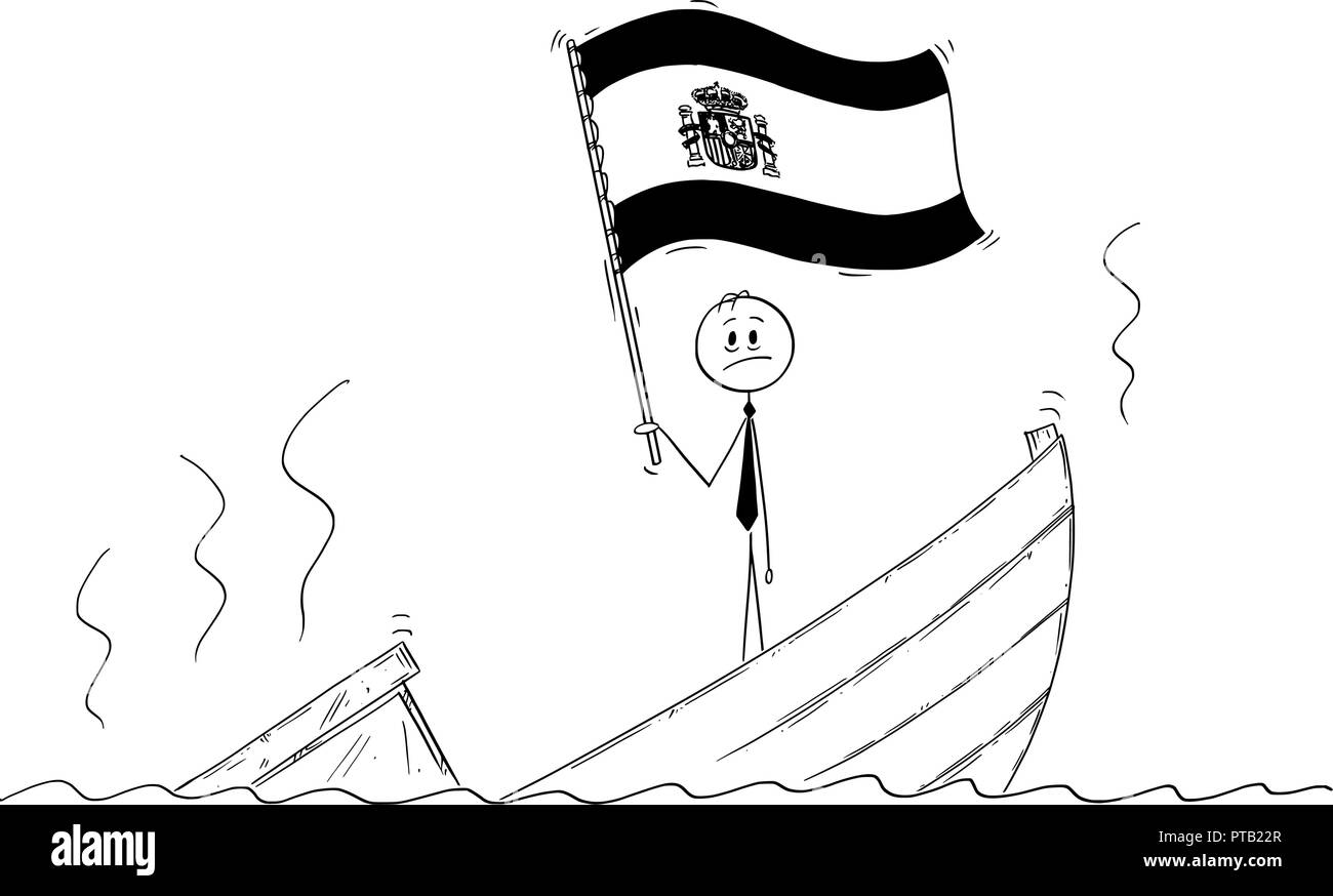 Cartoon von Politiker ständigen Deprimiert auf sinkendes Boot winken die Flagge des Königreichs Spanien Stock Vektor