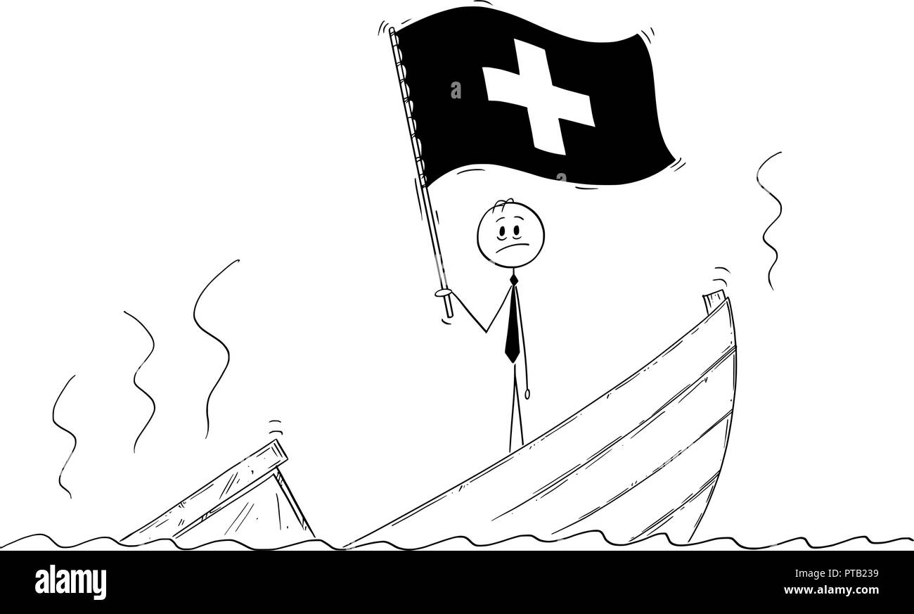 Cartoon von Politiker ständigen Deprimiert auf sinkendes Boot winken die Flagge der Schweizerischen Eidgenossenschaft oder der Schweiz Stock Vektor