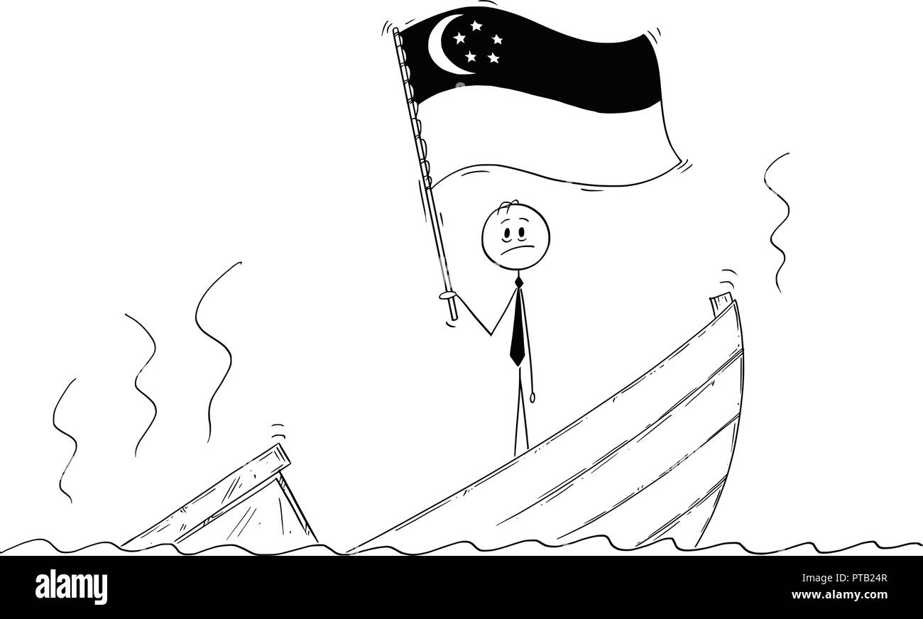 Cartoon von Politiker ständigen Deprimiert auf sinkendes Boot winken die Flagge der Republik Singapur Stock Vektor