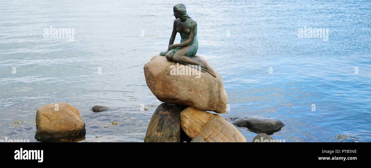 Kopenhagen, Dänemark, 31. MAI 2017: Panoramablick auf das Banner der Bronze Statue der Kleinen Meerjungfrau, Den Lille Havfrue, an der Küste Felsen von den Gewässern Stockfoto