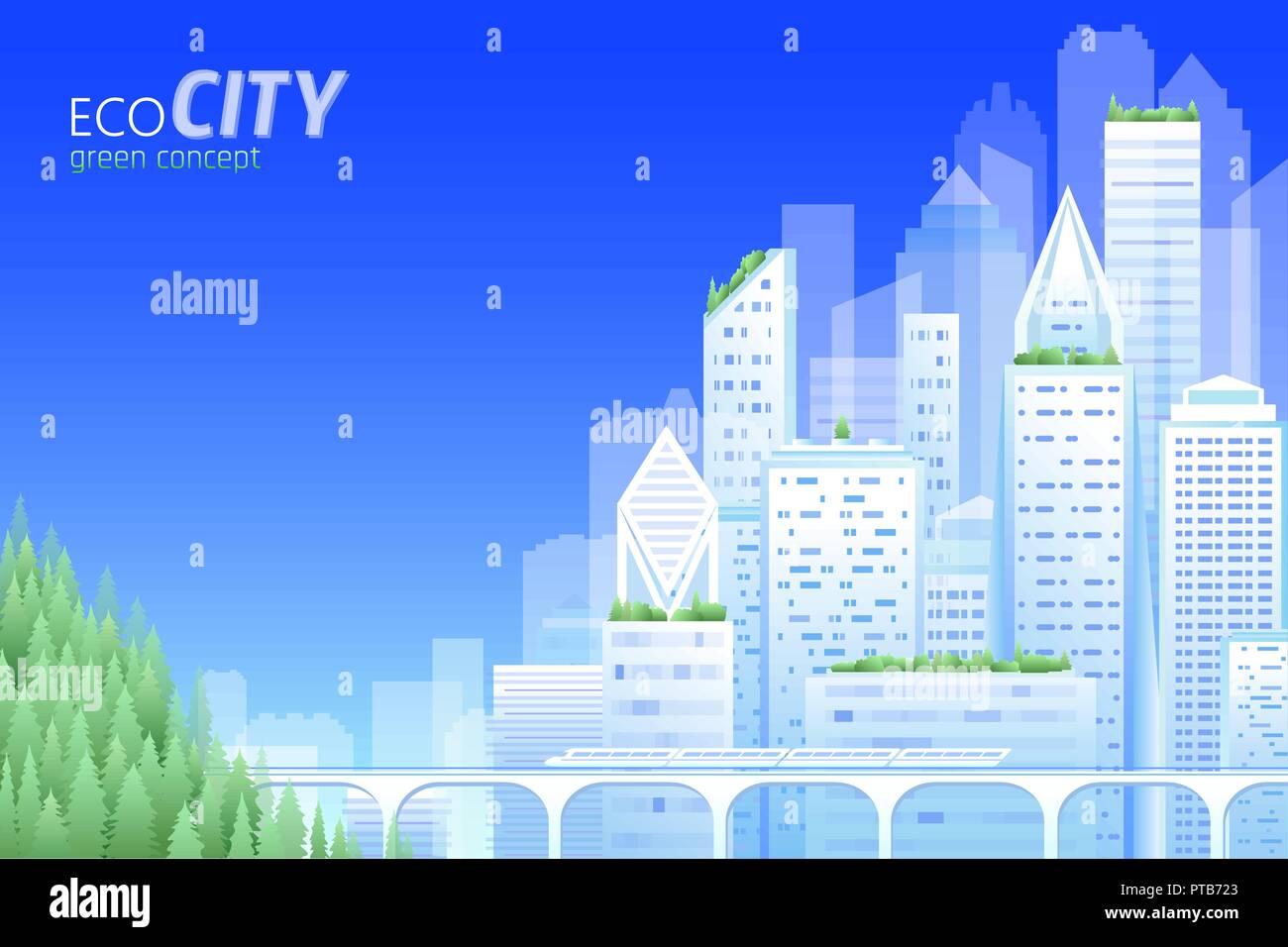 Ökologie freundliche Stadt. Grüne Energie Stadtbild skyline Tag der Umwelt. Speichern Natur Planet Erde. Grünes Wohnen Dach futuristische Monorail Landschaft. Eco-City Business Konzept Vector Illustration Stock Vektor