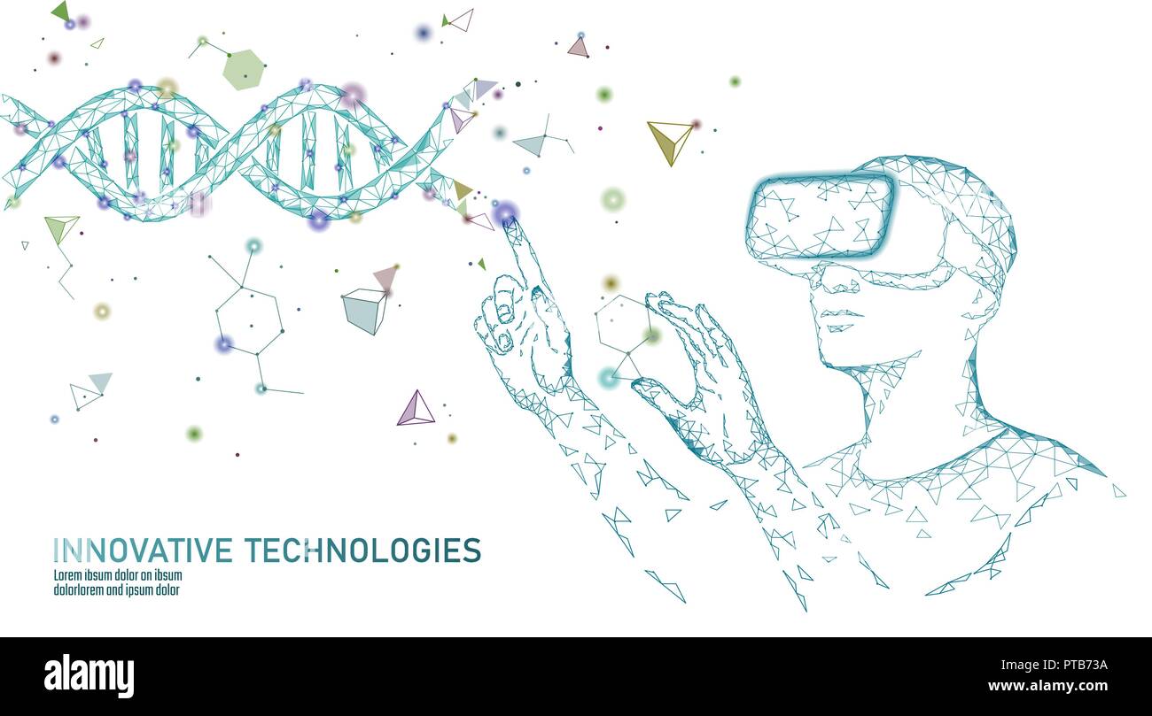 Wissenschaft Naturwissenschaften Biologie gen Konzept ändern. VR-Headset holografische Projektion virtual reality Brillen. Futuristische Medizin Forschung Gentherapie Gesundheit Analyse Labor Chemie Vector Illustration Stock Vektor