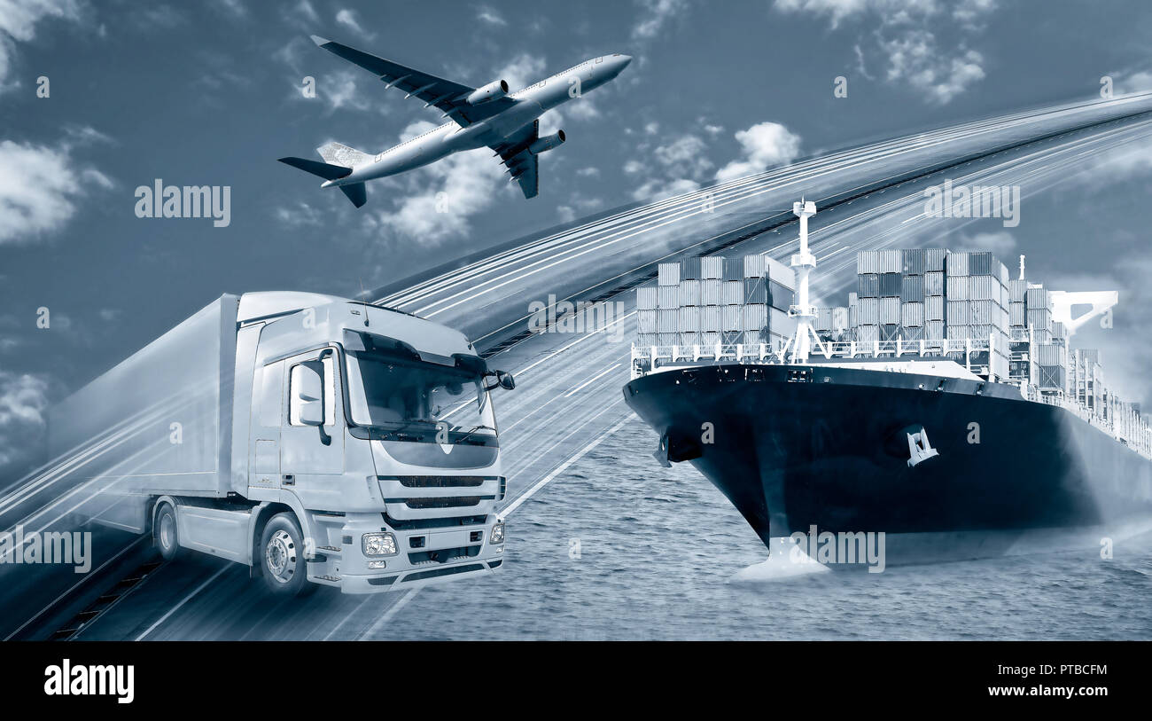 Transport der Ware per LKW, Schiff und Flugzeug Stockfoto