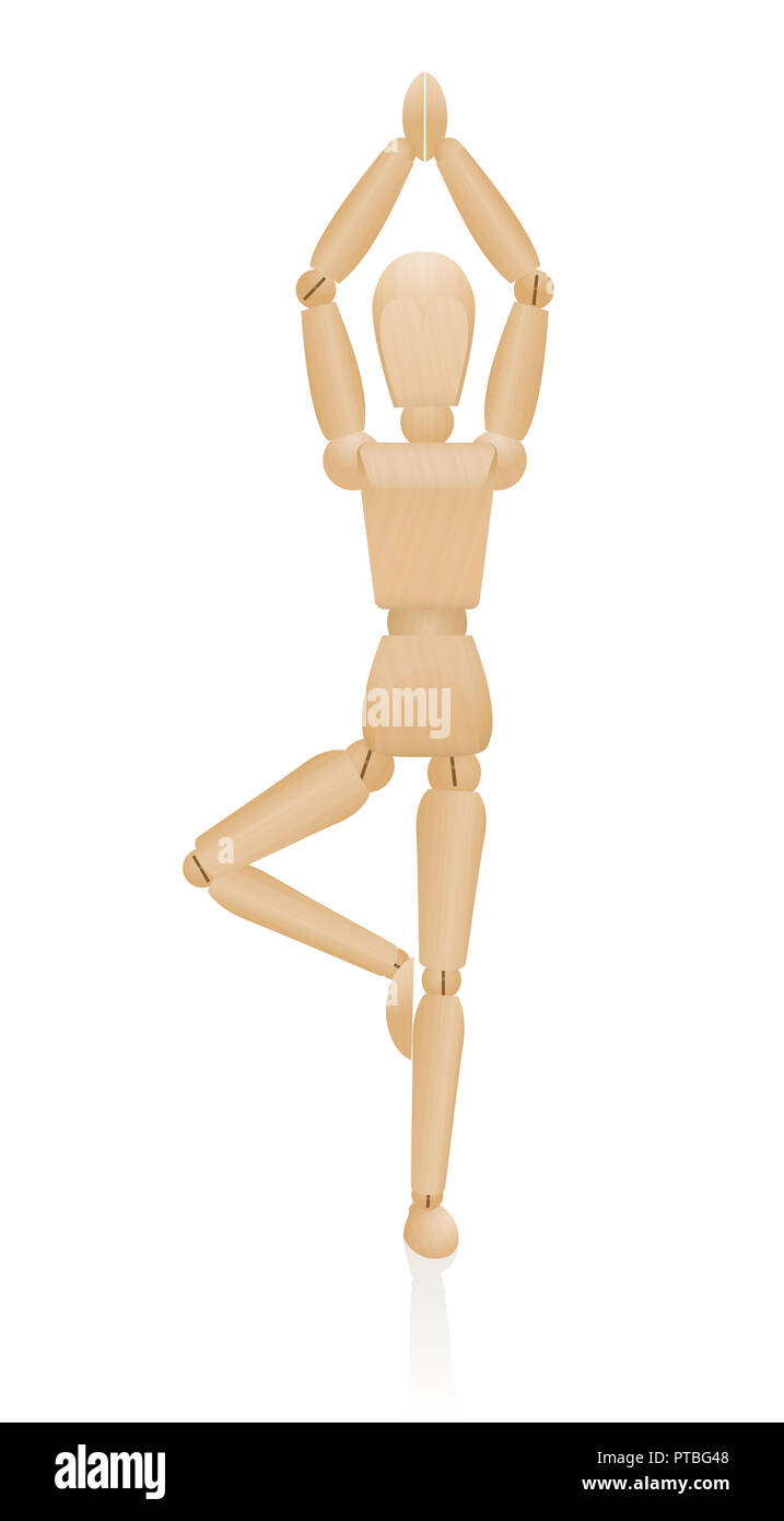 Ständigen yoga dar. Die baumhaltung oder Vrikshasana. Holzfigur Stehen auf einem Bein mit den Armen über dem Kopf angehoben - Übung für Balance, Entspannung. Stockfoto