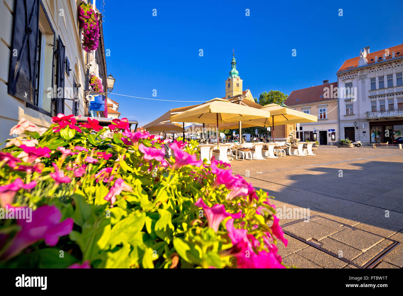 Samobor Hauptplatz bunte Blumen und Architektur, im Norden Kroatiens Stockfoto