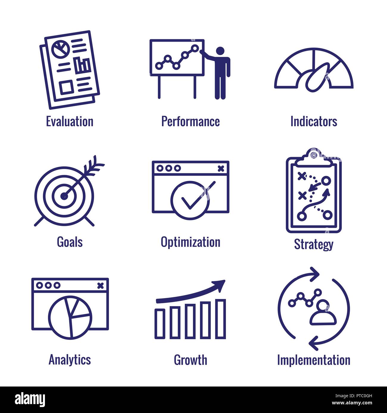 KPI - Key Performance Indicators Symbol mit Auswertung, Wachstum, & Strategie, etc. einstellen Stock Vektor