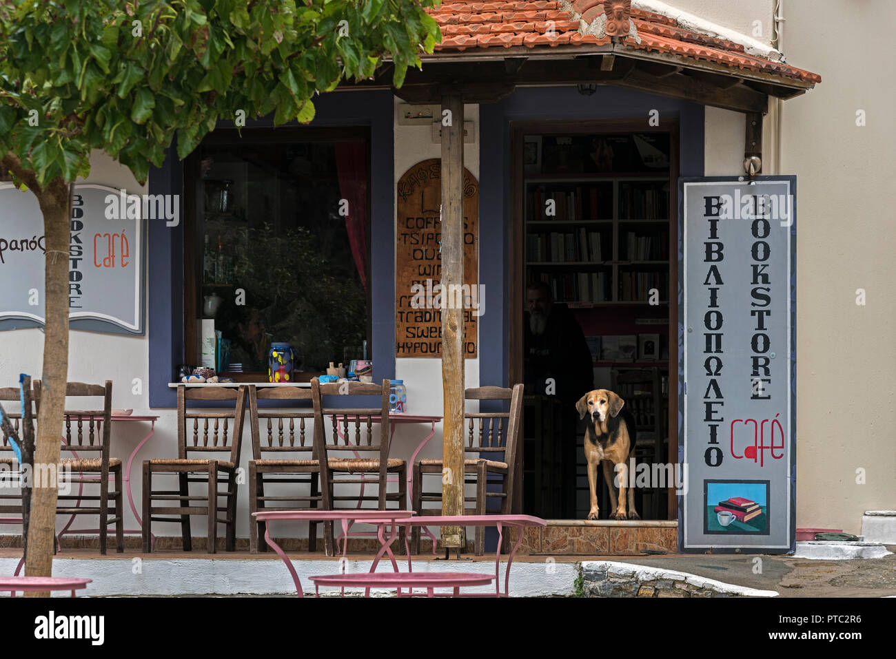 Ein Café im Alten Patitiri, Alonissos, Nördliche Sporaden Griechenland. Stockfoto