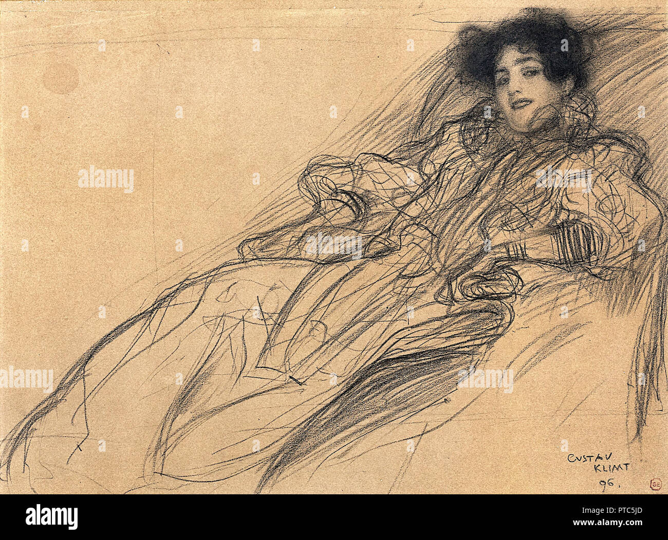 Gustav Klimt, junge Frau im Sessel 1896 Kohle und Kreide auf dunkel-braunes Papier, Museum Kunstpalast, Düsseldorf, Deutschland. Stockfoto