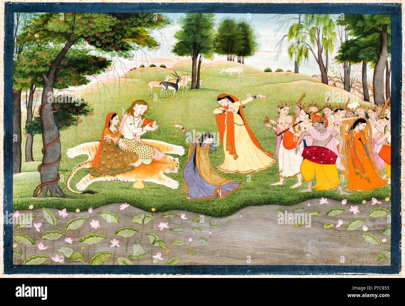 Khushala, die Götter Singen und Tanzen für Shiva und Parvati, ca. 1780-1790, Aquarell und Gold auf Papier, Philadelphia Museum of Art, USA. Stockfoto