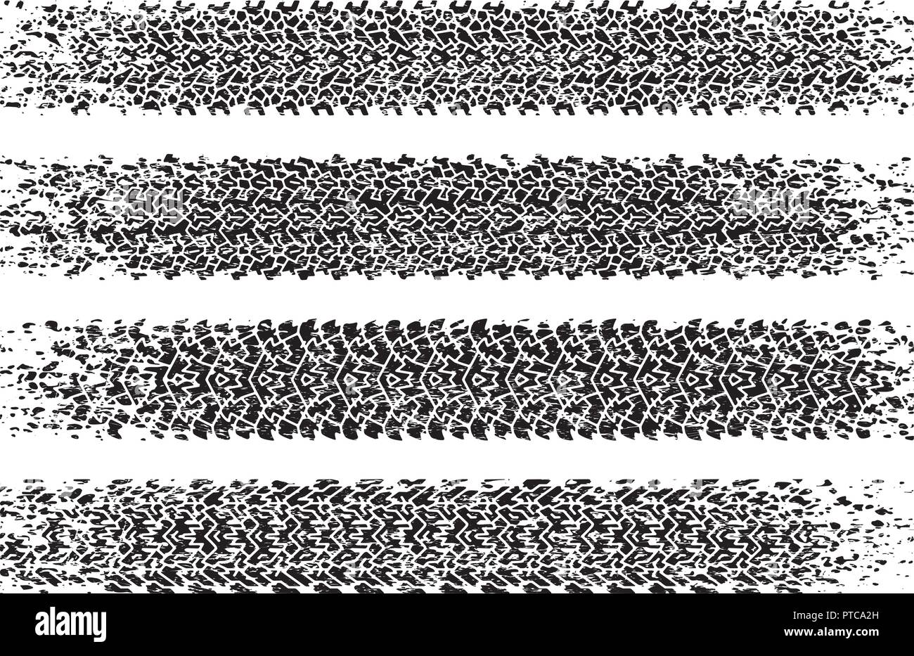 Satz von vier schäbig, grunge Stil, schmutzige Vektor Spuren der Reifen. Stock Vektor