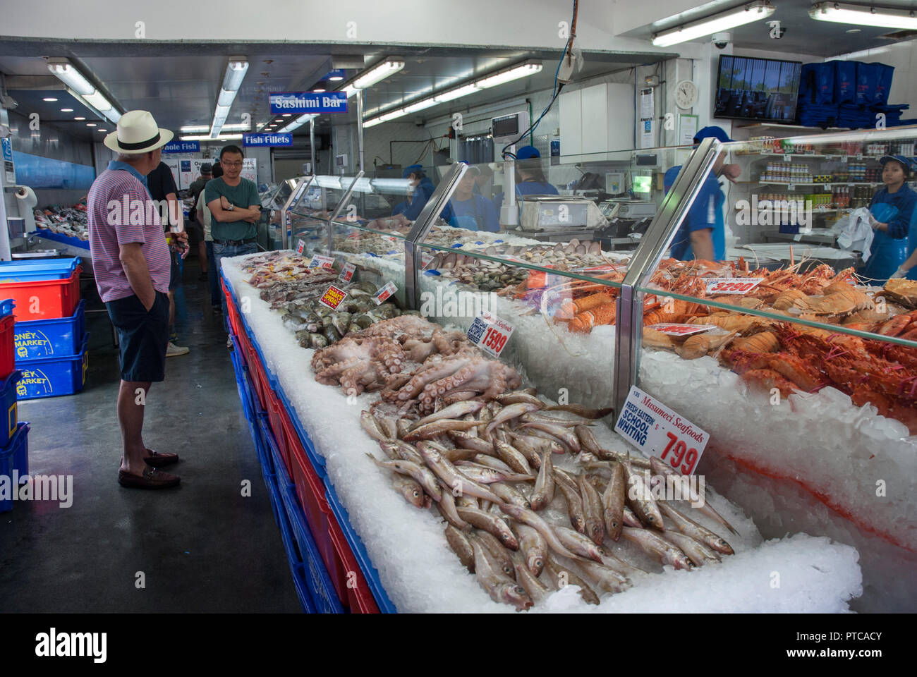 Innerhalb der Sydney Fish Market mit gut beleuchteten Ständen und Zähler in verschiedenen Fisch, Austern und Meeresfrüchte. Stockfoto