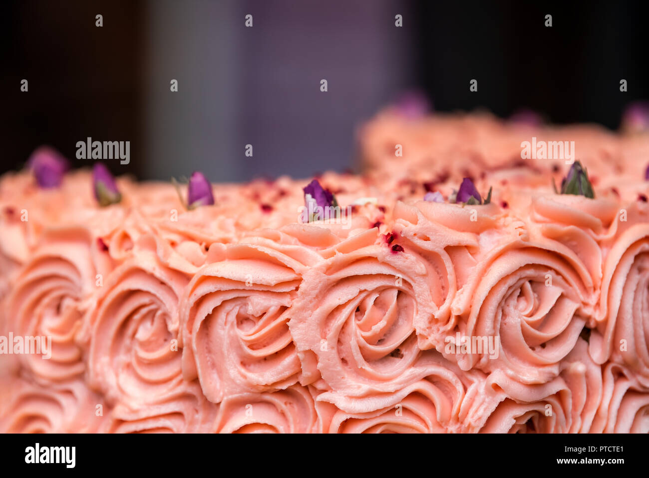 Makro Nahaufnahme von rosa rote Rose kuchen Blumendekorationen von Zuckerguss in Bäckerei store Shop Anzeige, Lila trocken Blütenblätter, köstliche Creme Stockfoto