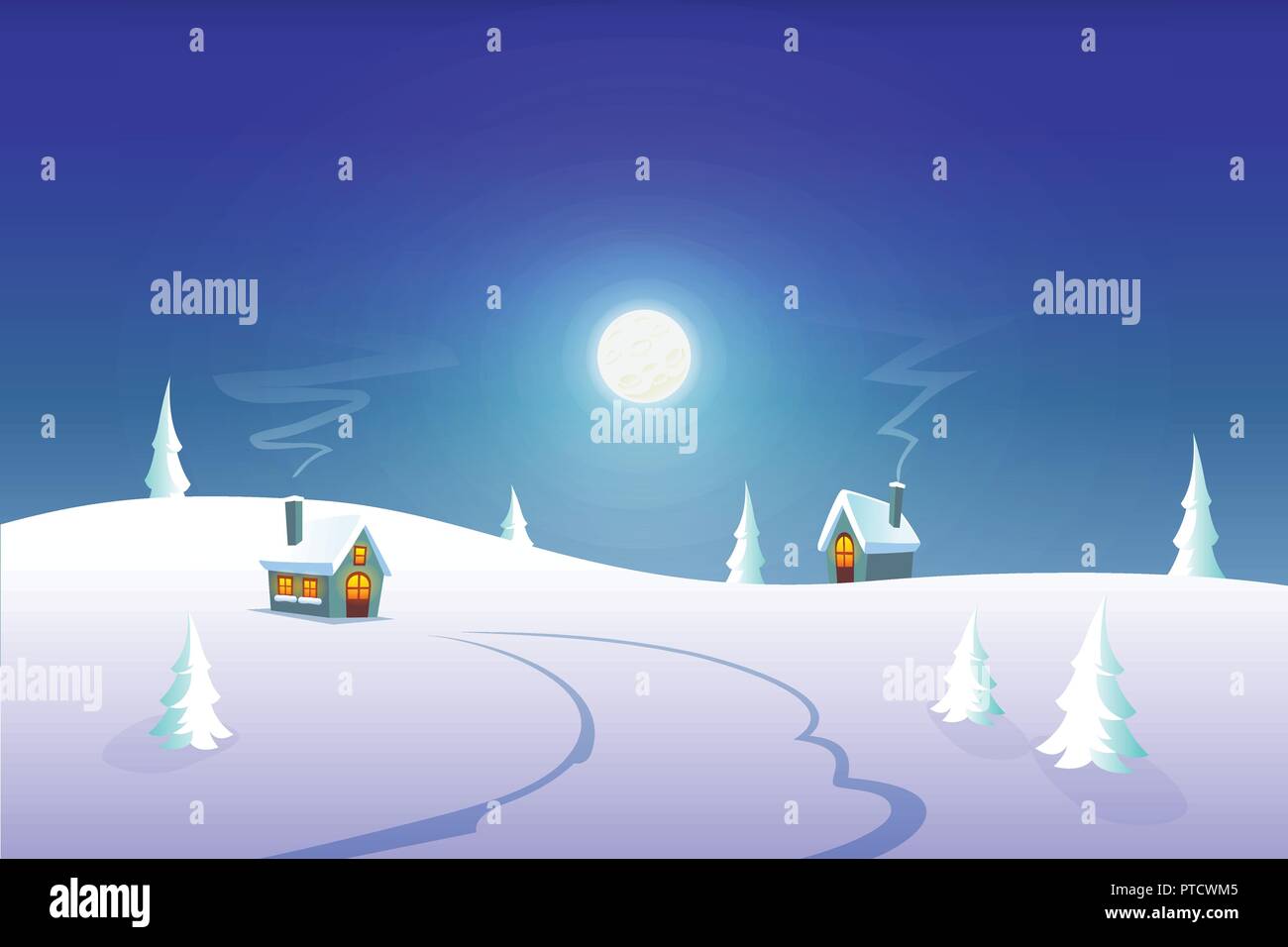 Gruß Winter Card - winter nacht Landschaft mit Häusern auf moonlight Stock Vektor