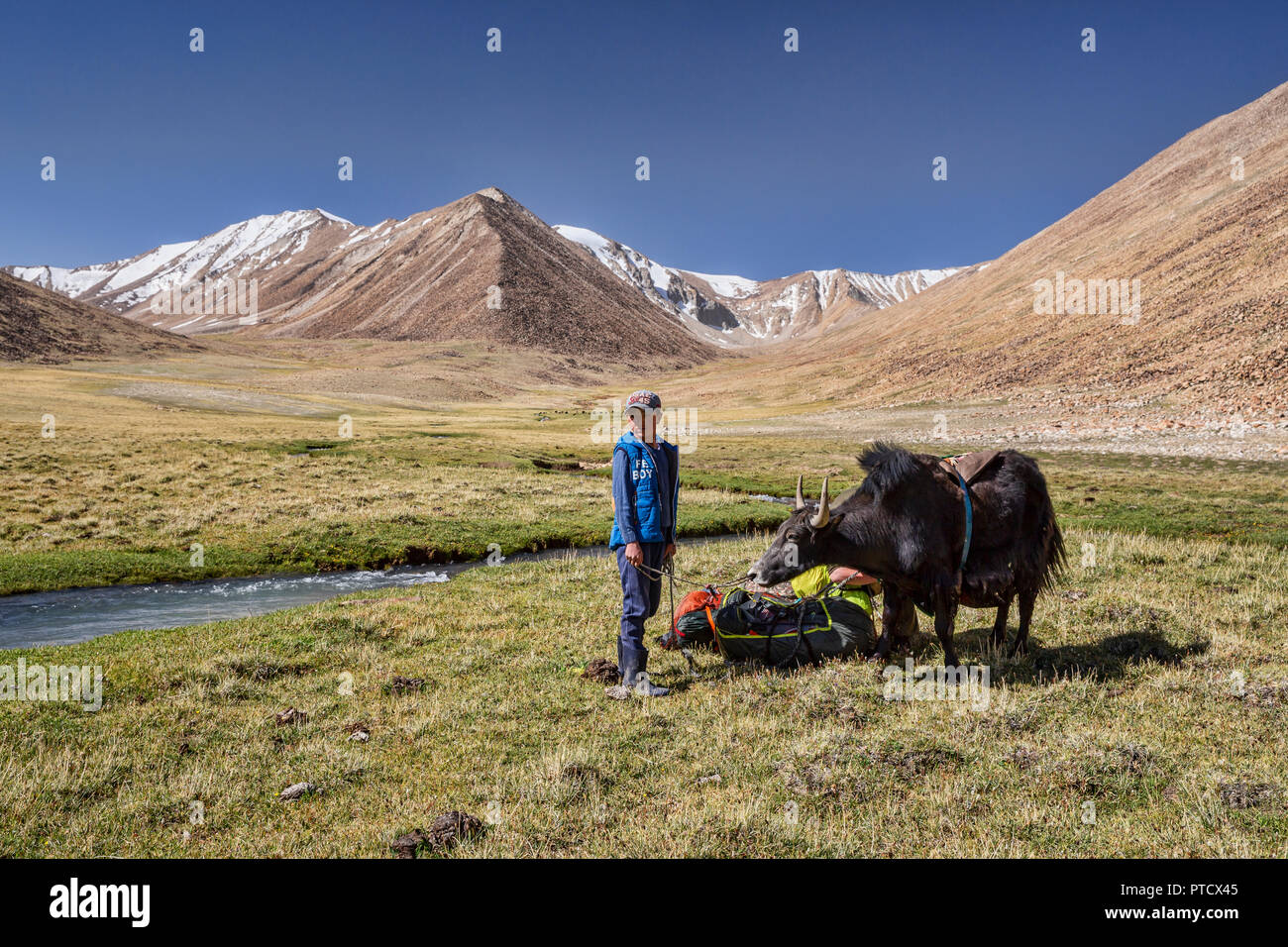 Kirgisischen Hirten in Keng Shiber mit Yak verpackt für die Expedition von Keng Shiber Kara Jilga, Pamir, Gorno-Badakhshan, Tadschikistan. Stockfoto