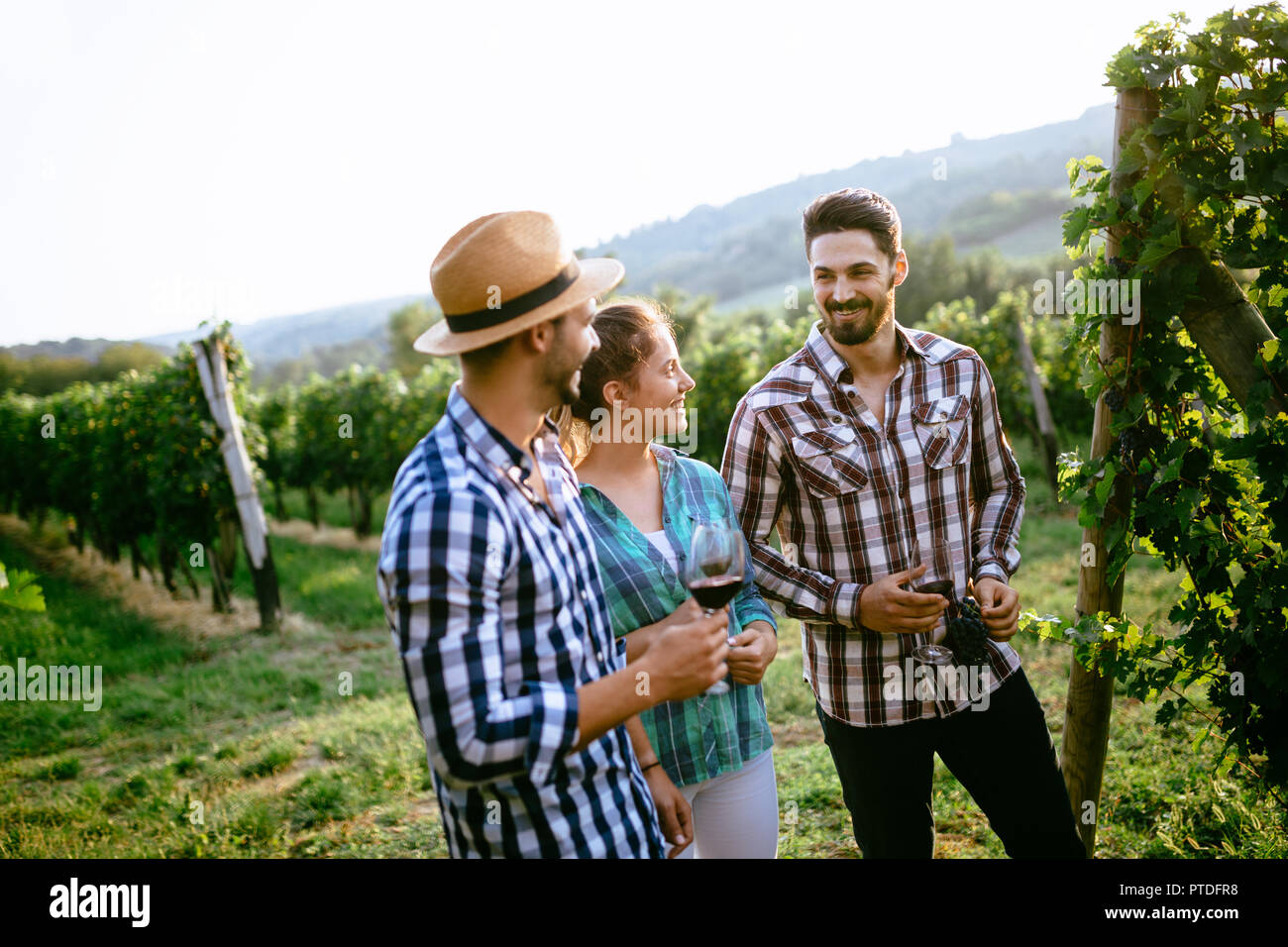 Bild mit Menschen, die Verkostung von Wein im Weinberg Stockfoto
