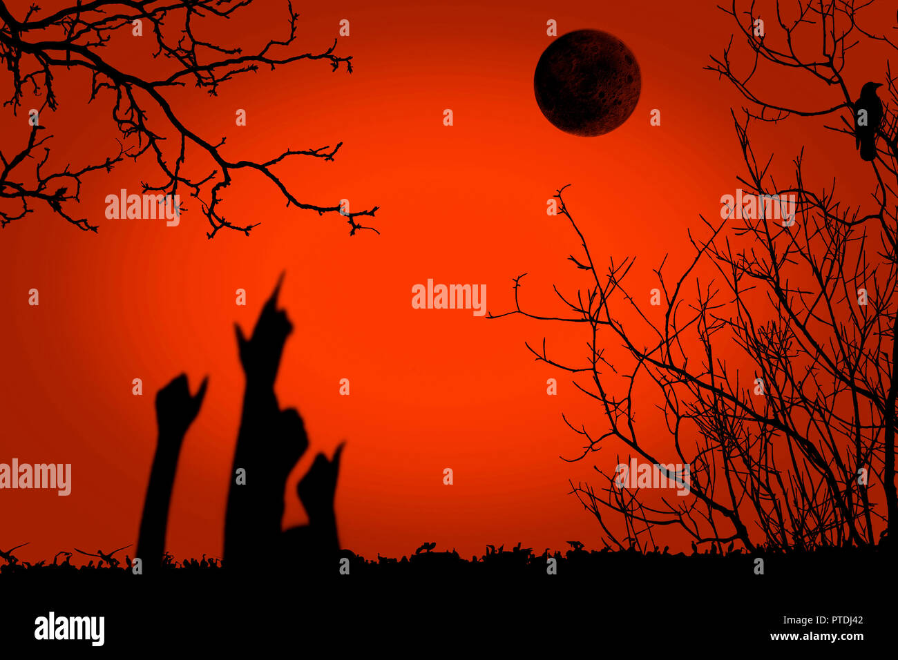 Halloween Party kreative Abbildung mit schwarzer Silhouette von Zombies Hände auf Friedhof. Kopieren Sie Platz. Im gotischen Stil. Design vorlage für Poster, Teil Stockfoto