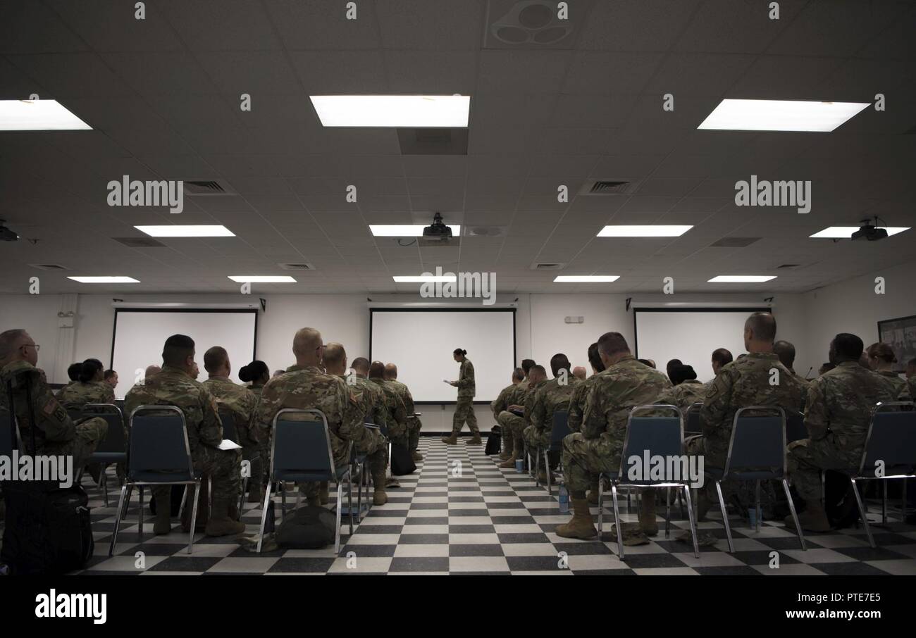 Generalmajor Marion Garcia (Mitte), Kommandierender General des 200 Militärpolizei Kommando, spricht mit den Kommandanten und Offiziere aus ihrer untergeordneten Einheiten während einer Konferenz an der McGill University Training Center in Fort Meade, Maryland, 16. Juli 2017. Der 200 MP Befehl Gastgeber einer vierteljährlichen Ausbildung Briefing Konferenz in Fort Meade ab Juli 15-17, um Strategien zur künftigen Bedürfnisse der MP-Befehl, und wie Sie unterstützen die US Army Reserve Command auf Bekämpfung der Bereitschaft. "Wo wir sind, ist nicht dort, wo wir gewesen sind", sagte Garcia, und konsequent daran teilnehmenden Einheit Führung, unabhängig Stockfoto