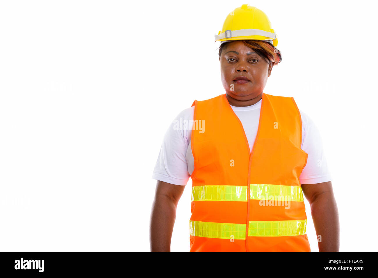 Studio Aufnahme von fetten schwarzen afrikanischen Frau Bauarbeiter Stockfoto