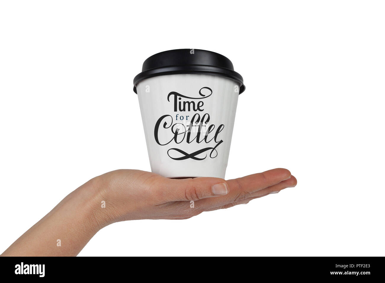 Weibliche hand mit weiß Einweg Kaffeetasse in der Palm isoliert auf Weiss mit Zeit für Kaffee hand Schrift Stockfoto