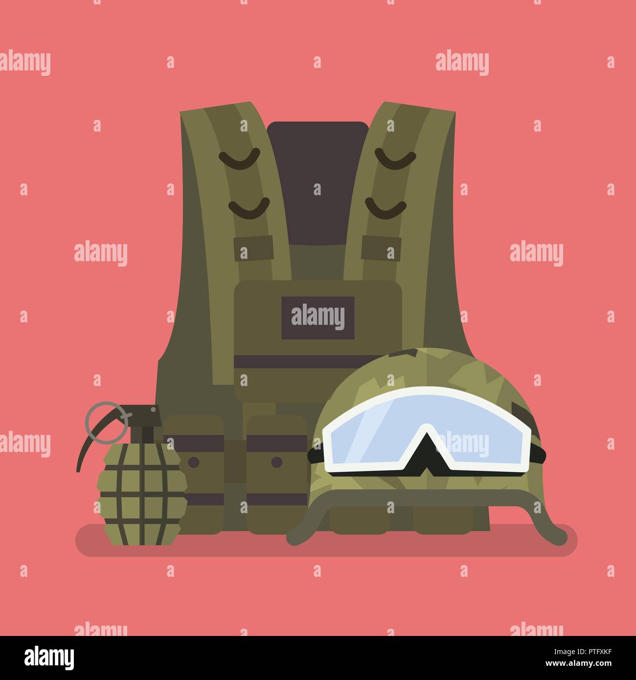 Militärische Helm Weste und Handgranaten. Vector Illustration Stock Vektor