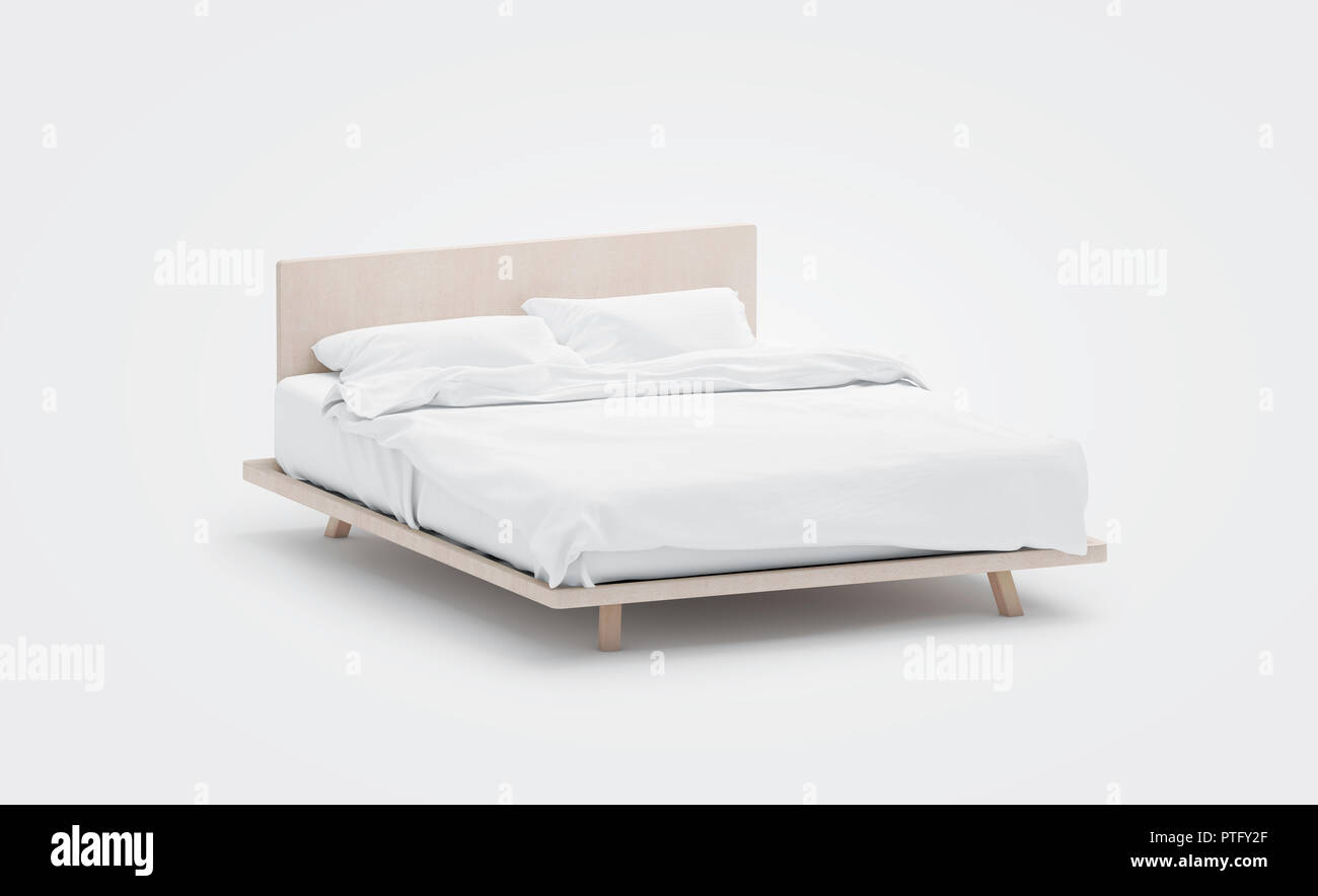 Leere weiße Bett mit Kissen Mockup, Seitenansicht, isoliert, 3D-Rendering. Leere Bettwäsche mock up. Klar Decke in Bettgestell. Ein Doppelbett mit Matratze Stockfoto