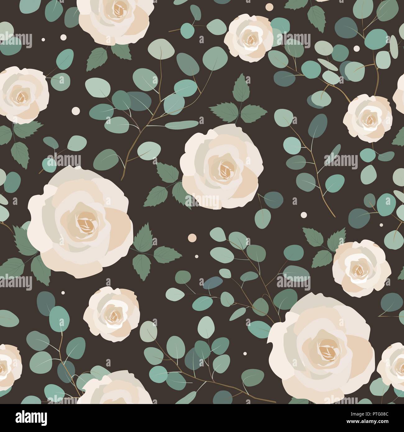 Nahtlose Muster mit Eukalyptus- und Rosen. Elegante handgemalten floralen Ornament. Vector Illustration Stock Vektor