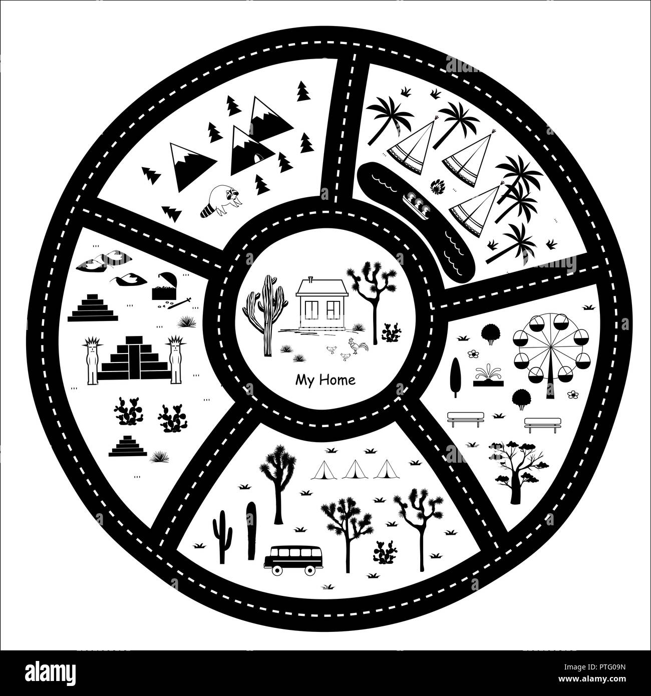 Straße, Berge und Wälder Abenteuer Karte. Kinder runden Spiel Teppich oder Poster mit Indianer Stammes- Elemente. Trendige schwarze und weiße Skandinavischen S Stock Vektor