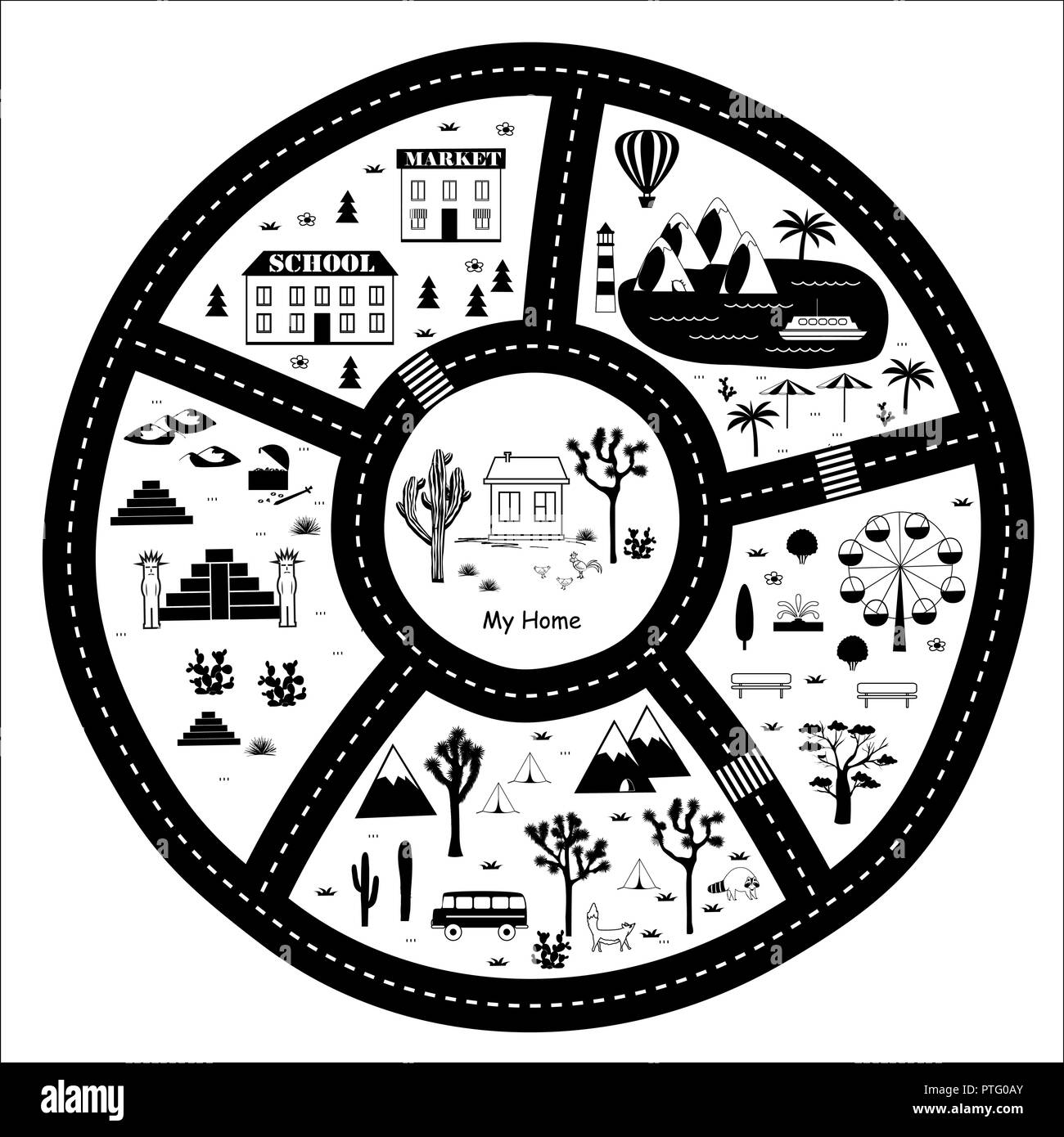 Straße, Berge und Wälder Abenteuer Karte. Kinder runden Spiel Teppich oder Poster mit Indianer Stammes- Elemente. Trendige schwarze und weiße Skandinavischen S Stock Vektor