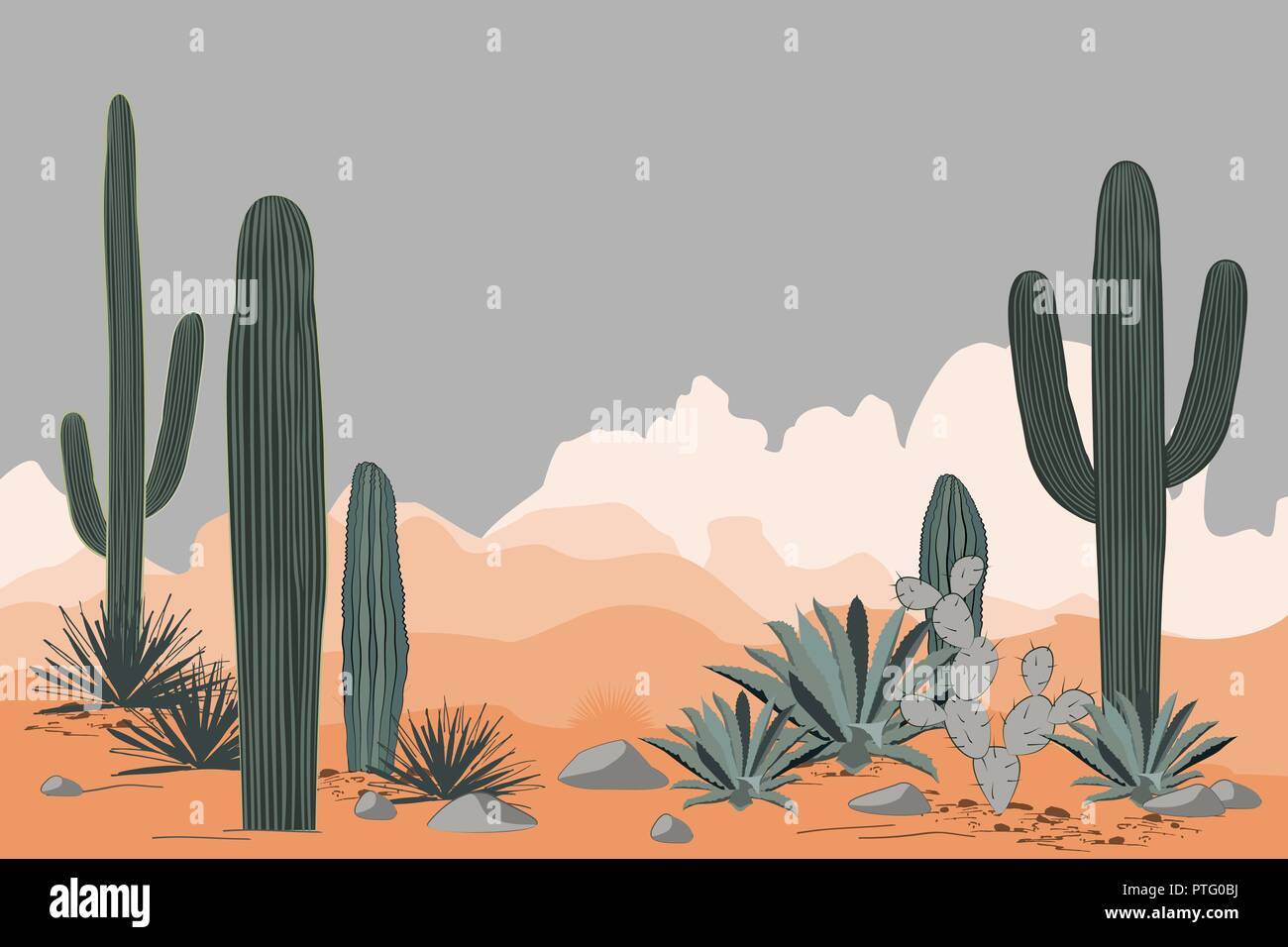 Mexiko Muster mit Opuntia, Agave, und Saguaro Kakteen. Die Berge im Hintergrund. Für text Stock Vektor