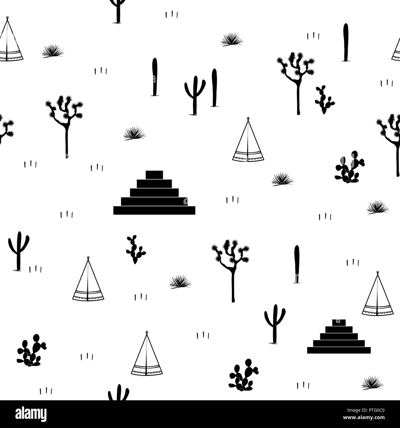 Pyramiden, indische Zelte, Saguaro, Agaven, und Opuntia Kakteen auf weißem Hintergrund. Nettes Design für Textilien, Tapeten, Kinder Industrie. Vektor illustra Stock Vektor