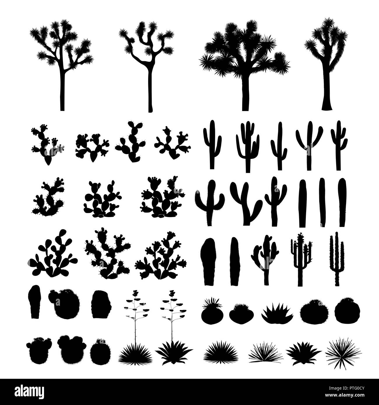 Großes Set mit Silhouetten von Kakteen, Agaven, Joshua Tree und Feigenkakteen. Vektor cactus Sammlung, schwarze und weiße Design-Elemente Stock Vektor